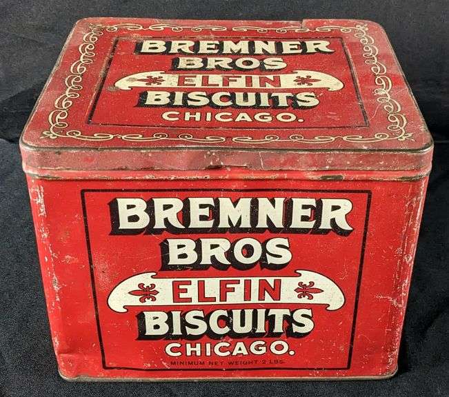 2# TIN LITHO BIN BREMER BROS ELFIN BISCUITS CHICAGO CRACKER