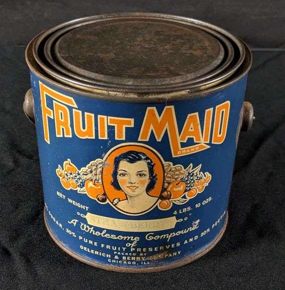4# 10oz TIN LITHO CAN FRUIT MAID STRAWBERRY FRUIT PRESERVES OELERICH & BERRY CO CHICAGO ILLINOIS