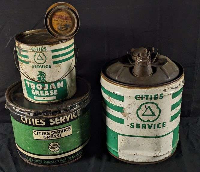 CITIES SERVICE 5 GAL OIL CAN 10# & 25# GREASE CANS & SIMONIZ WAX CAN