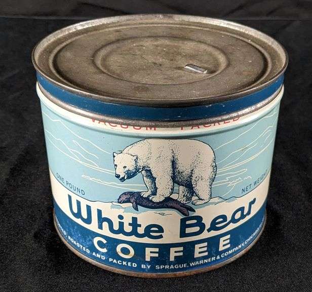 1# TIN LITHO CAN WHITE BEAR COFFEE SPRAGUE WARNER CO CHICAGO ILLINOIS