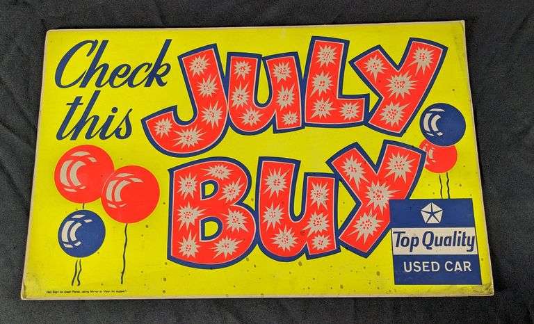 VINTAGE CARDSTOCK WINDOW SIGN CHECK THIS JULY BUY CHRYSLER TOP QUALITY USED CARS