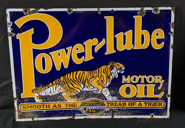 PORCELAIN SIGN POWER-LUBE MOTOR OIL TIGER GRAPHICS (2 SIDED)