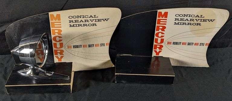 2 VINTAGE MERCURY CONICAL REARVIEW MIRROR DISPLAY RACK SIGNS
