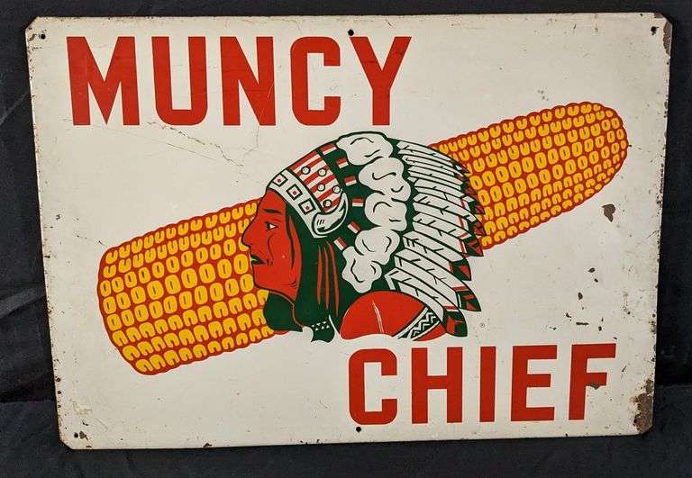 TIN FARM SIGN MUNCY CHIEF HYBRID SEED CORN NATIVE AMERICAN INDIAN GRAPHICS