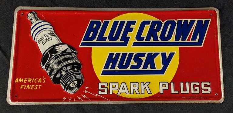 EMBOSSED TIN SIGN BLUE CROWN HUSKY SPARK PLUGS