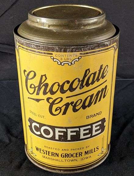 TIN LITHO 3# CAN CHOCOLATE CREAM BRAND COFFEE WESTERN GROCER MILLS MARSHALLTOWN IOWA
