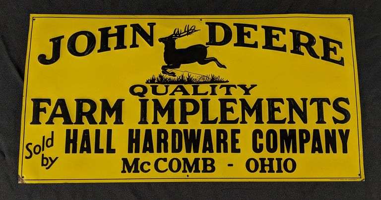 EMBOSSED TIN SIGN JOHN DEERE QUALITY FARM IMPLEMENTS HALL HARDWARE COMPANY MCCOMB OHIO
