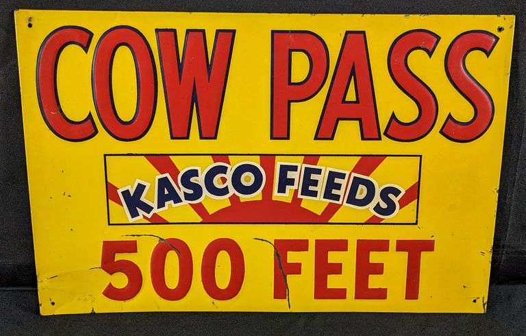 EMBOSSED TIN SIGN COW PASS 500 FEET KASCO FEEDS
