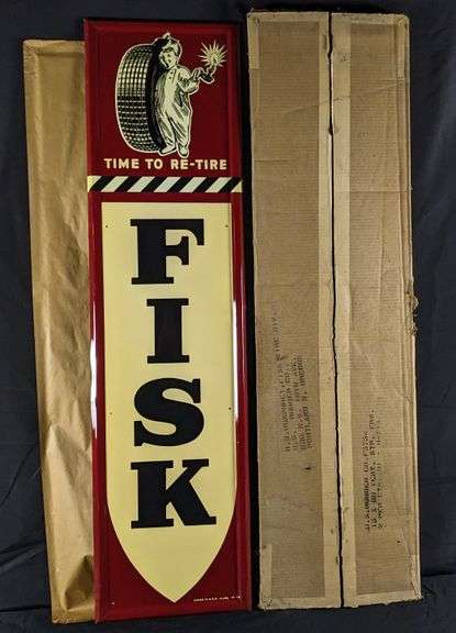 NOS EMBOSSED TIN SIGN FISK TIRES TIME TO RE-TIRE (IN ORIGINAL BOX)