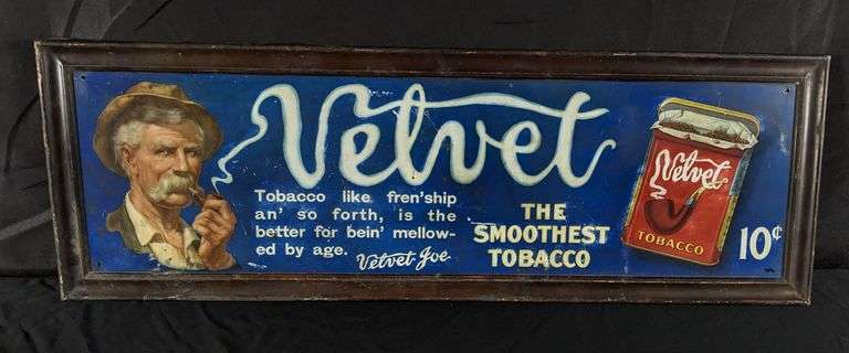 SELF FRAMED TIN LITHO SIGN VELVET THE SMOOTHEST TOBACCO 10¢