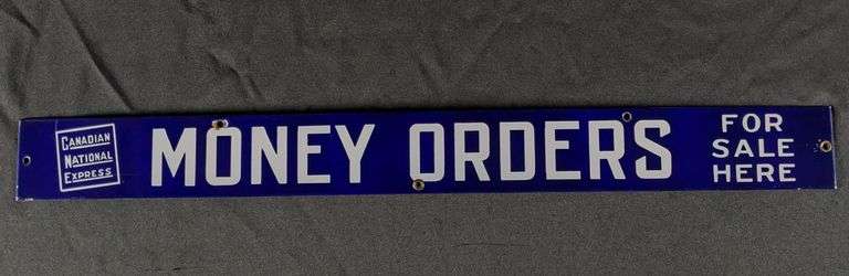 PORCELAIN SIGN CANADIAN NATIONAL EXPRESS MONEY ORDERS FOR SALE HERE (CANADIAN NATIONAL RAILWAYS)
