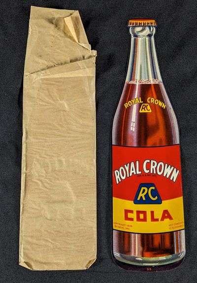 NOS EMBOSSED TIN BOTTLE SHAPED DOOR PUSH SIGN ROYAL CROWN RC COLA