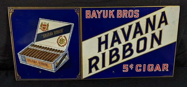 TOC TIN SIGN BAYUK BROS HAVANA RIBBON 5¢ CIGAR