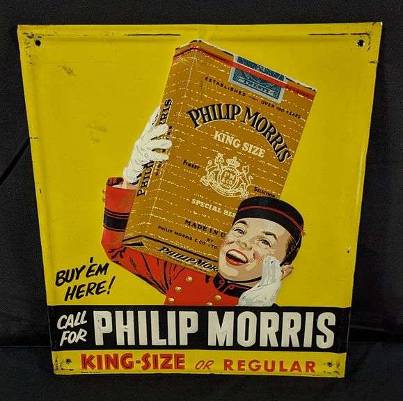 EMBOSSED TIN SIGN CALL FOR PHILIP MORRIS KING SIZE OR REGULAR (BELL BOY)