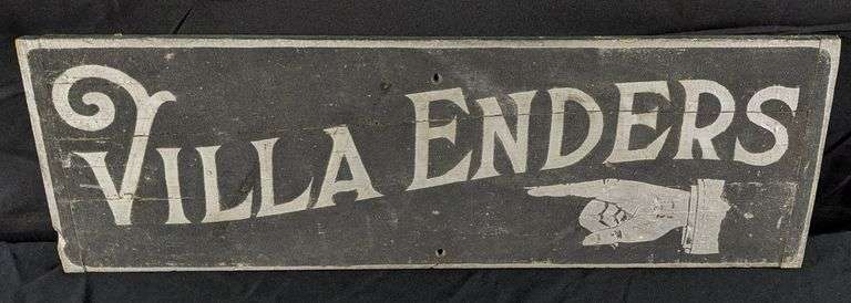 ANTIQUE SCHMALTZ PAINT FINGER POINTING SIGN VILLA ENDERS (DELAFIELD WISCONSIN)