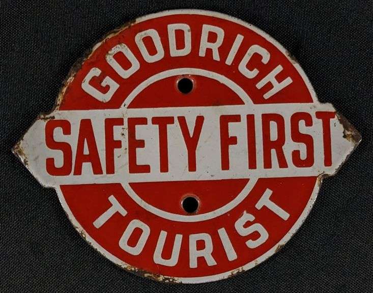 PORCELAIN TRAIL MARKER ROAD SIGN GOODRICH TIRES SAFETY FIRST TOURIST
