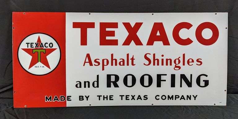 PORCELAIN SIGN TEXACO ASPHALT SHINGLES AND ROOFING MADE BY THE TEXAS COMPANY
