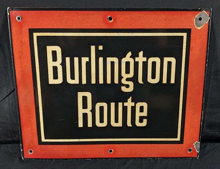 PORCELAIN RAILROAD SIGN BURLINGTON ROUTE TRAIN C.B. & Q. CHICAGO BURLINGTON & QUINCY RAIL ROAD