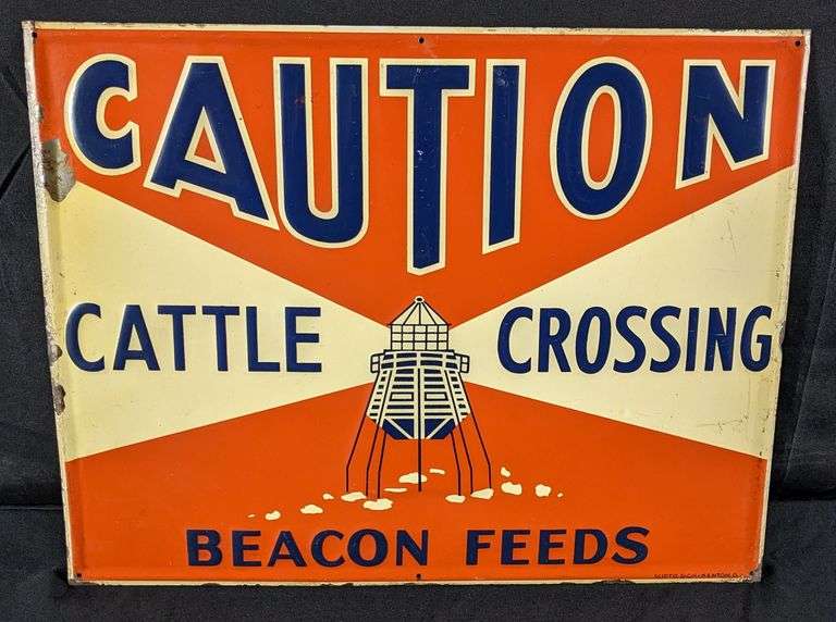 EMBOSED TIN SIGN CAUTION CATTLE CROSSING BACON FEEDS