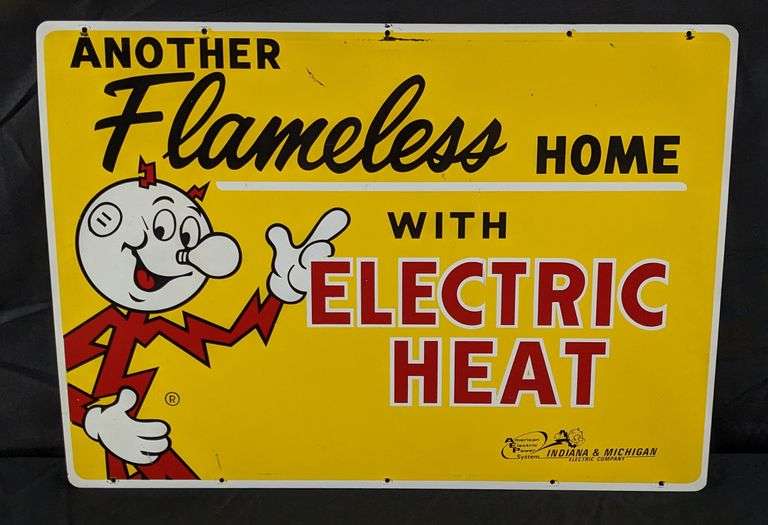 TIN SIGN REDDY KILOWATT ANOTHER FLAMELESS HOME WITH ELECTRIC HEAT INDIANA & MICHIGAN ELECTRIC COMPANY (2 SIDED)