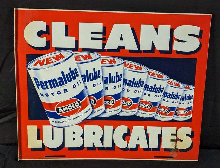 TIN SIGN AMERICAN OIL CO AMOCO PERMALUBE MOTOR OIL & CLEAN REST ROOMS (2 SIDED)