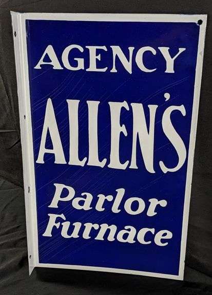NOS PORCELAIN FLANGE SIGN AGENCY ALLEN'S PARLOR FURNACE