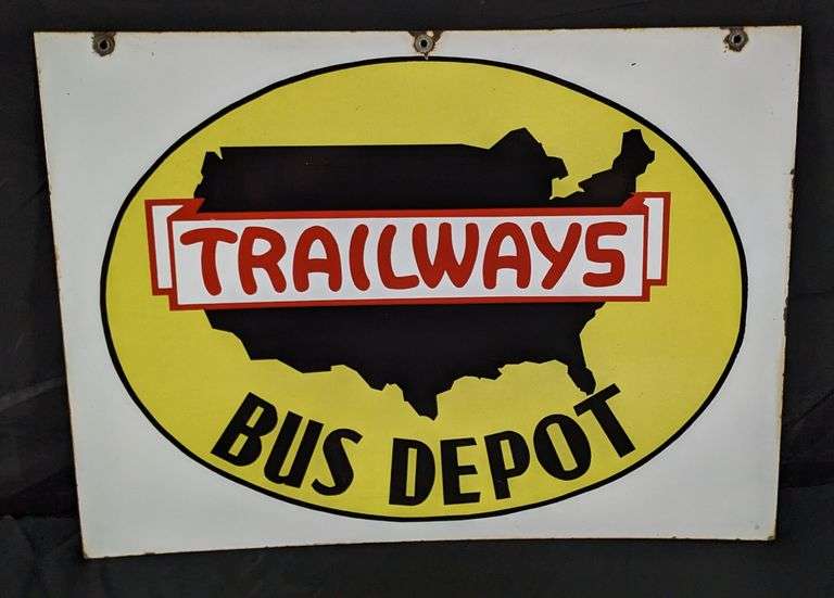 PORCELAIN SIGN NATIONAL TRAILWAYS BUS DEPOT (2 SIDED)