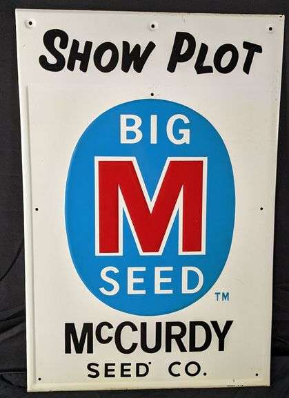 NOS EMBOSSED TIN SIGN SHOW PLOT BIG M SEED MCCURDY SEED CO