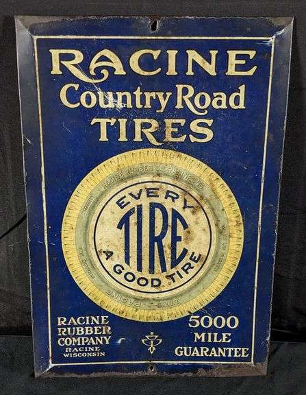 TIN SIGN RACINE COUNTRY ROAD TIRES RACINE WISCONSIN