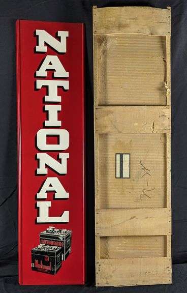 NOS TIN SIGN NATIONAL KATHANODE BATTERIES (IN ORIGINAL WOOD CRATE)