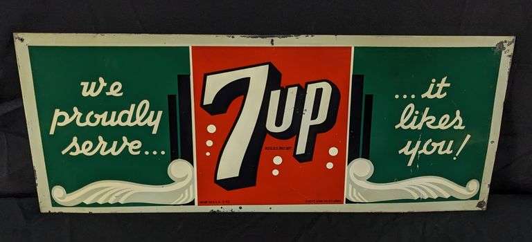 TIN SIGN WE PROUDLY SERVE 7UP IT LIKES YOU (SEVEN UP 7 UP)