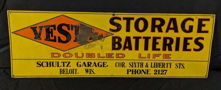 TIN SIGN VESTA STORAGE BATTERIES DOUBLE LIFE SCHULTZ GARAGE BELOIT WISCONSIN