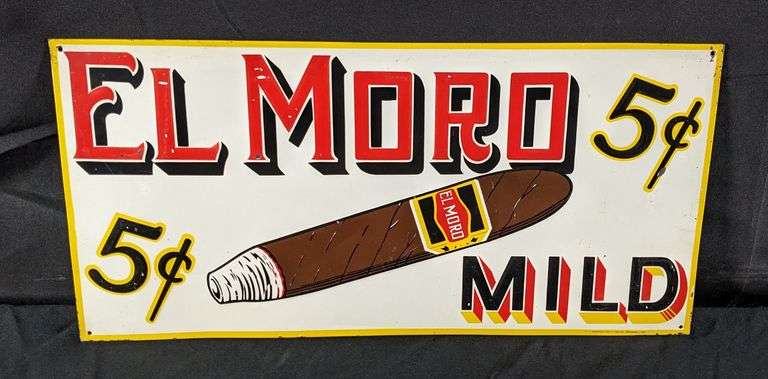 EMBOSSED TIN SIGN EL MORO MILD CIGARS 5¢