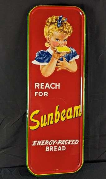 NOS EMBOSSED TIN SIGN REACH FOR SUNBEAM ENERGY PACKED BREAD