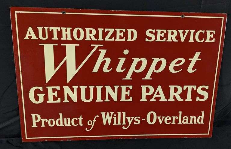 PORCELAIN DEALERSHIP SIGN AUTHORIZED SERVICE WHIPPET GENUINE PARTS PRODUCT OF WILLY-OVERLAND (2 SIDE