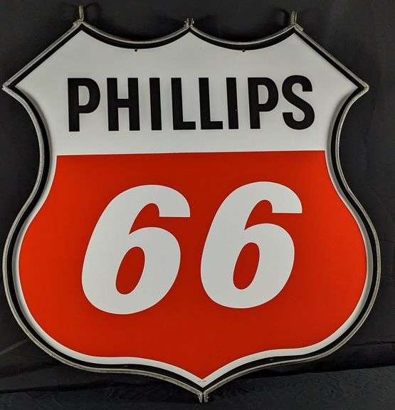 NOS PORCELAIN PHILLIPS 66 GAS STATION SIGN (2 SIDED) (ORIGINAL IRON FRAME)