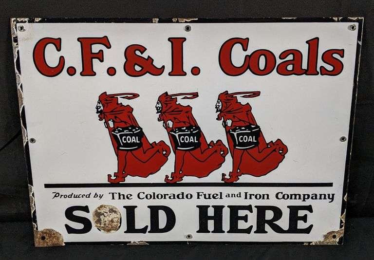 PORCELAIN SIGN C.F. & I. COALS SOLD HERE COLORADO FUEL & IRON CO (DEVIL)