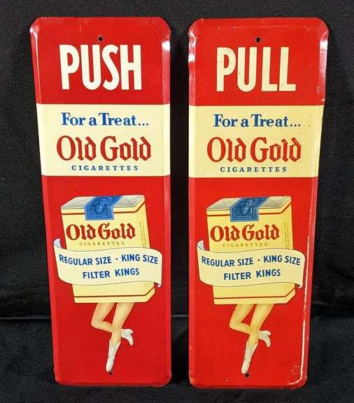 PAIR OF TIN DOOR PULL & PUSH SIGNS OLD GOLD CIGARETTES