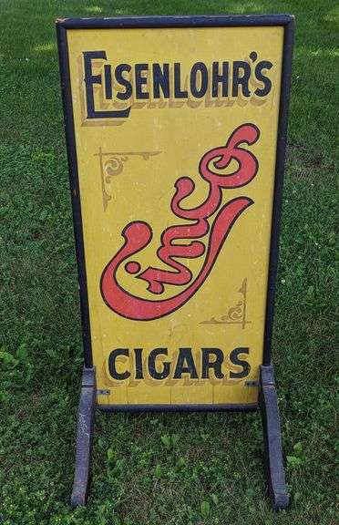 EARLY WOOD CURB SIGN EISENLOHR'S CINCO CIGARS