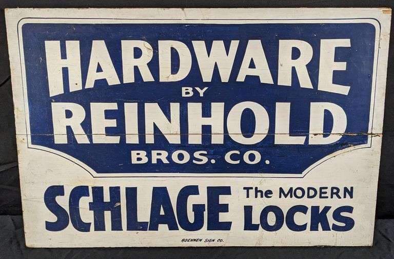 ANTIQUE WOOD TRADE SIGN HARDWARE BY REINHOLD BROS CO SCHLAGE THE MODERN LOCKS (MILWAUKEE WISCONSIN)