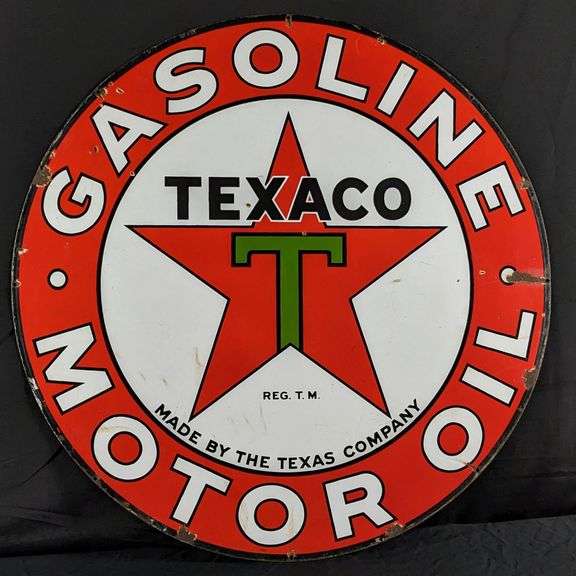 PORCELAIN SIGN TEXACO GASOLINE MOTOR OIL MADE BY THE TEXAS COMPANY (2 SIDED)
