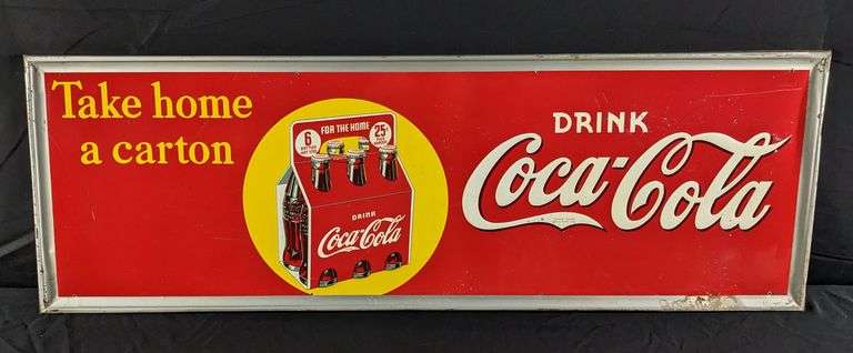 1939 EMBOSSED TIN SIGN TAKE HOME A CARTON DRINK COCA COLA