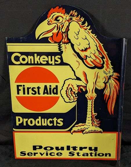 TIN FLANGE SIGN CONKEYS FIRST AID PRODUCTS POULTRY SERVICE STATION