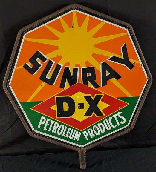 PORCELAIN SIGN SUNRAY D-X PETROLEUM PRODUCTS 2 SIDED IN ORIGINAL IRON RING