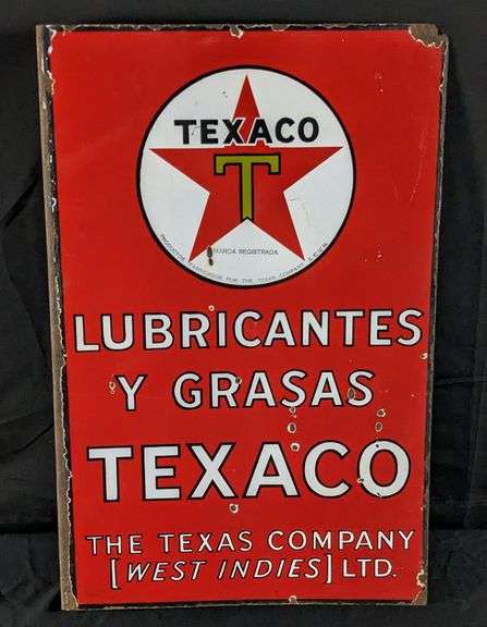 PORCELAIN FLANGE SIGN TEXACO LUBRICANTES Y GRASAS THE TEXAS COMPANT (WEST INDIES) LTD. (BAHAMA'S, CUBA, JAMAICA, PUERTO RICO ETC)