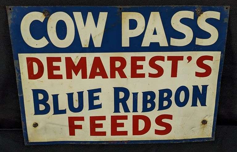 TIN SIGN COW PASS DEMAREST'S BLUE RIBBON FEEDS