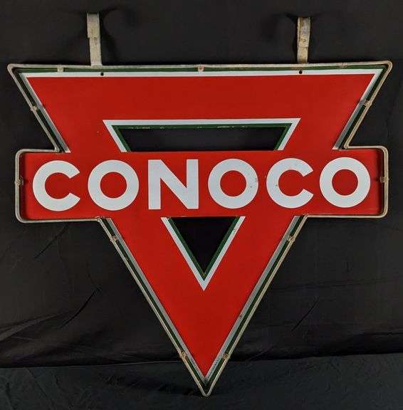 PORCELAIN CONOCO GAS STATION SIGN IN ORIGINAL IRON FRAME (2 SIDED)