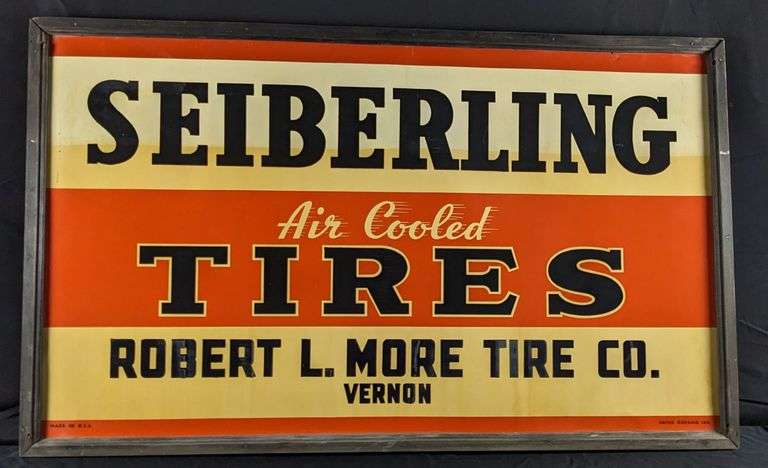 TIN SIGN SEIBERLING AIR COOLED TIRES ROBERT L. MORE TIRE CO VERNON (ORIGINAL WOOD FRAME)