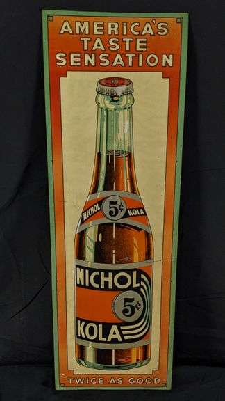 EMBOSSED TIN SIGN AMERICA'S TASTE SENSATION NICHOL KOLA 5¢ TWICE AS GOOD