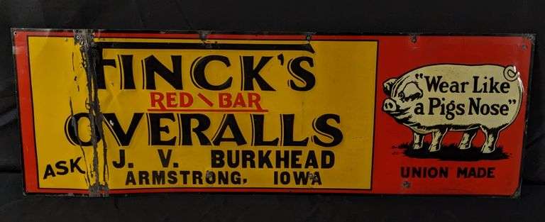 EMBOSSED TIN SIGN FINCK'S RED BAR OVERALLS ARMSTRONG IOWA